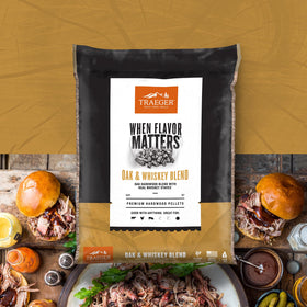 Traeger pellets infused with whiskey staves for deeper smoke aroma.