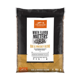 Traeger Oak & Whiskey Blend pellets bag front showing packaging for rich flavor.