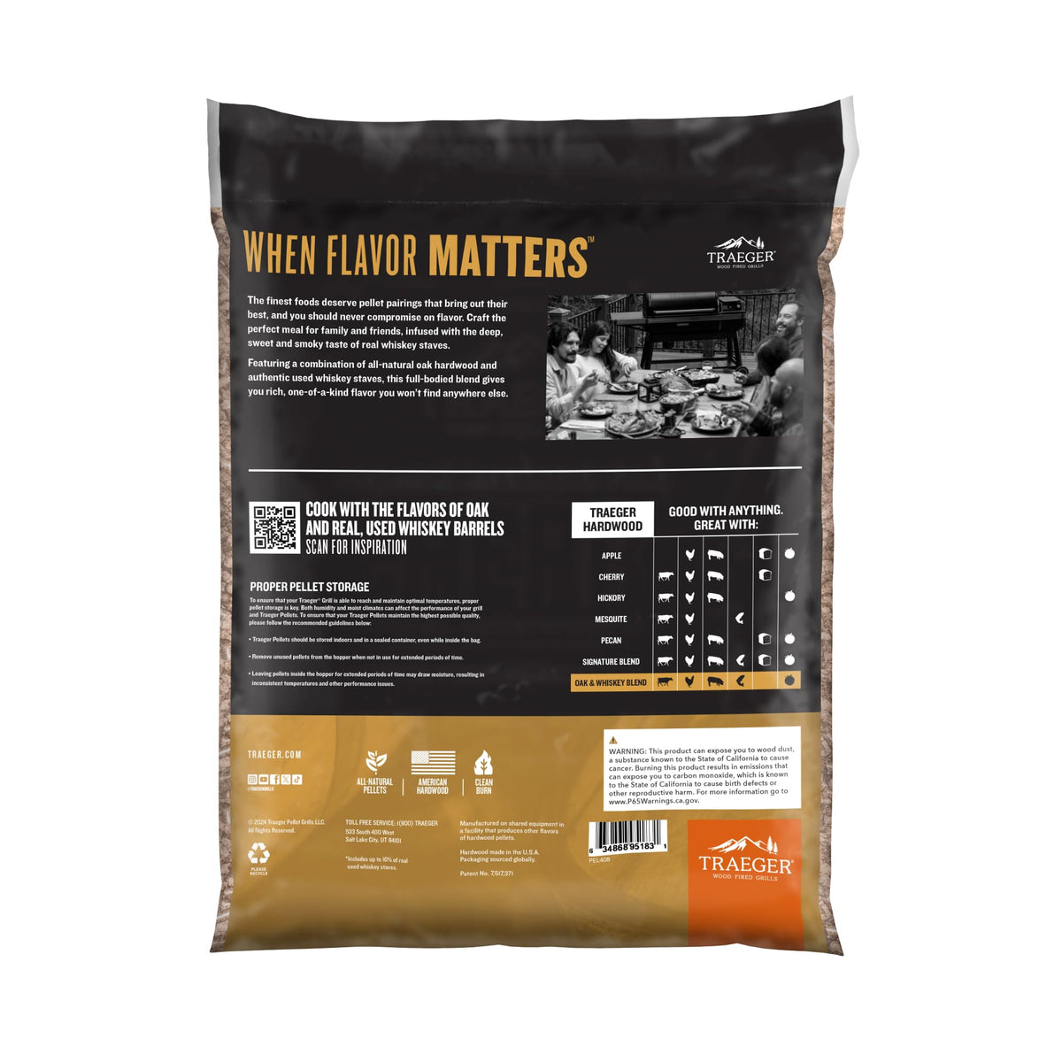 Traeger Oak & Whiskey Blend pellets close-up highlighting uniform, clean-burning pieces.