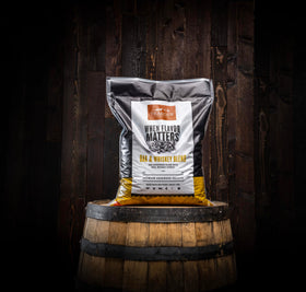 Traeger Oak & Whiskey Blend pellets on grill for smoky, robust results.
