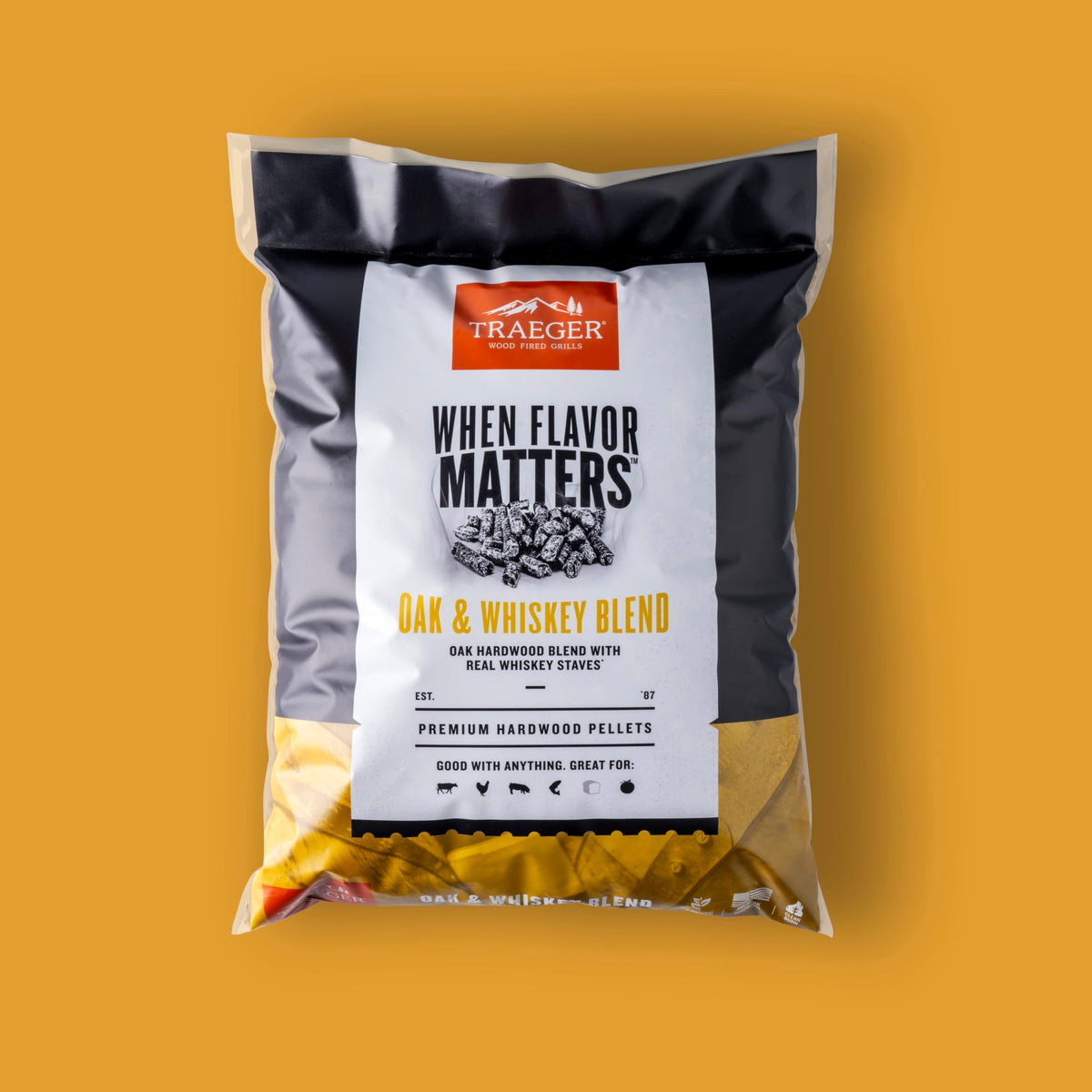 Traeger pellets paired with pork and chicken for versatile barbecuing.