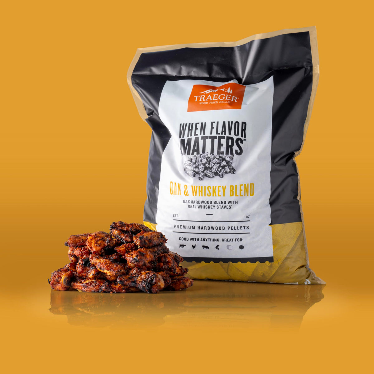 Traeger Oak & Whiskey Blend packaging emphasizes U.S. manufacturing quality.