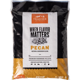 Traeger Pecan pellets bag showing premium all-natural hardwood for richer flavor and clean burn.
