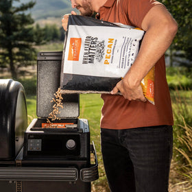Traeger Pecan pellets close-up highlighting uniform size for steady burn.
