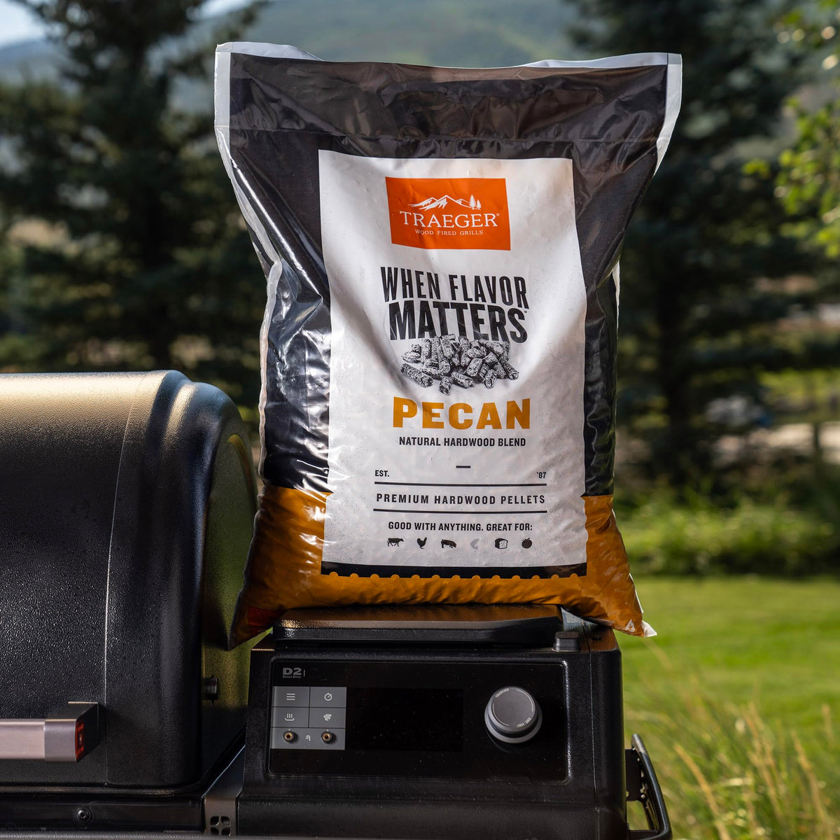 Traeger Pecan pellets Made in USA signaling quality and local sourcing.