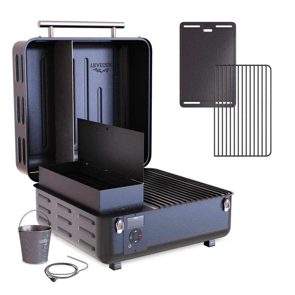 Traeger Ranger top view on a table, ready for portable tailgating grilling