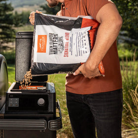 Pellets on counter promote easy, consistent cooking with Traeger wood fired flavor