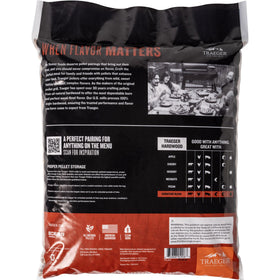 Close-up of Traeger Signature Blend pellets shows balanced burn ideal for smoking