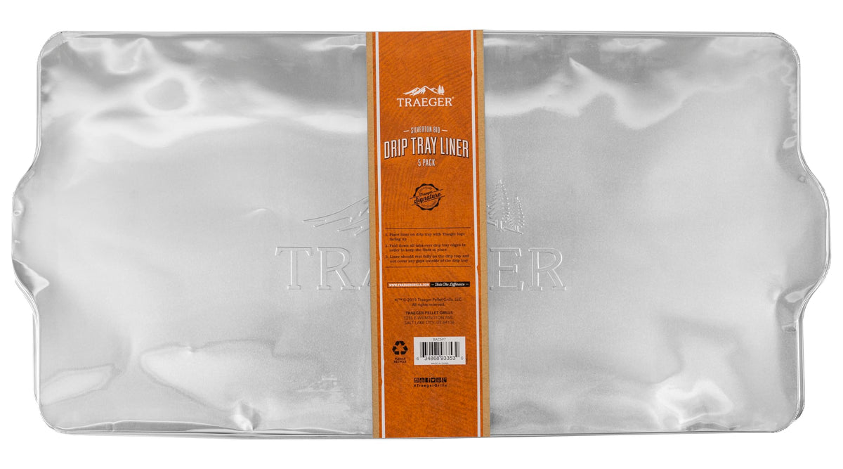 Traeger Silverton 810 drip tray liner 5-pack packaging, designed for easy cleanup.