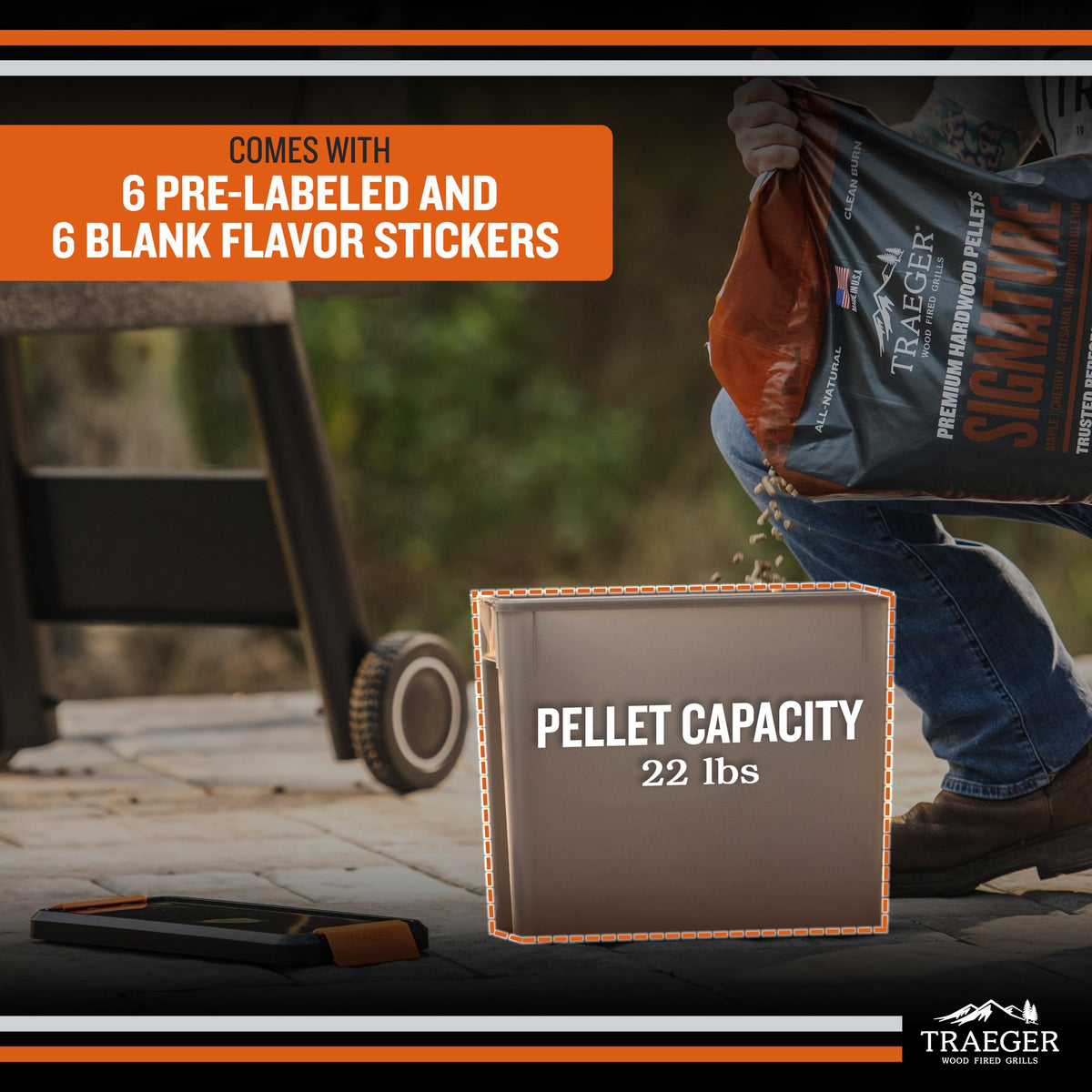 22lb capacity bin fits a full bag of Traeger pellets