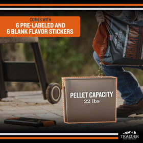 22lb capacity bin fits a full bag of Traeger pellets