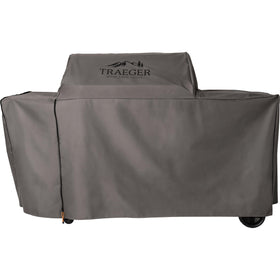 Traeger Woodridge Pro cover full-length shields the grill from rain and sun, extending durability and exterior appeal.