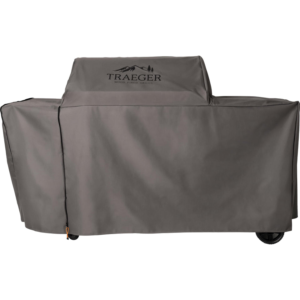 Traeger Woodridge Pro cover full-length shields the grill from rain and sun, extending durability and exterior appeal.