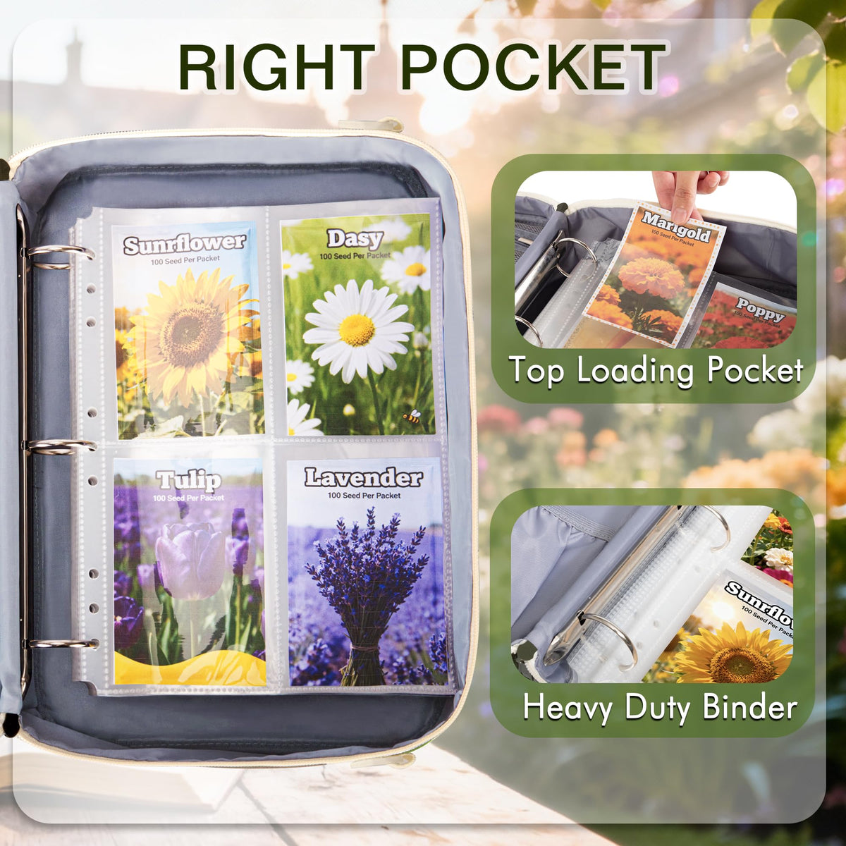 Trahzia seed storage organizer binder main compartment with zippered mesh pocket