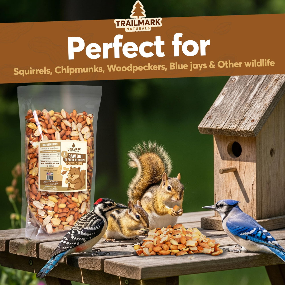 Trailmark Naturals unsalted peanuts support backyard wildlife.