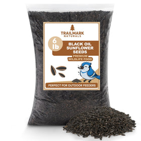 Trailmark Naturals black oil sunflower seeds closeup, high-energy feed for backyard birds.