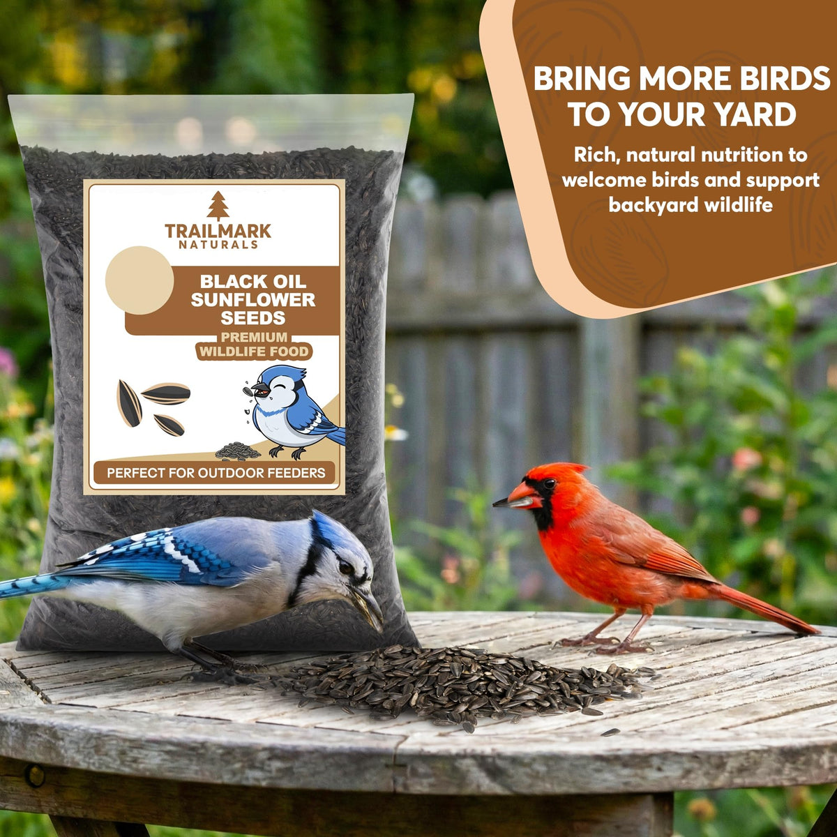 Trailmark Naturals bulk seed bag for easy backyard refilling.