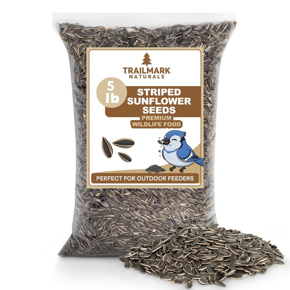 Trailmark Naturals striped sunflower seeds bag for backyard birds, ready to feed.