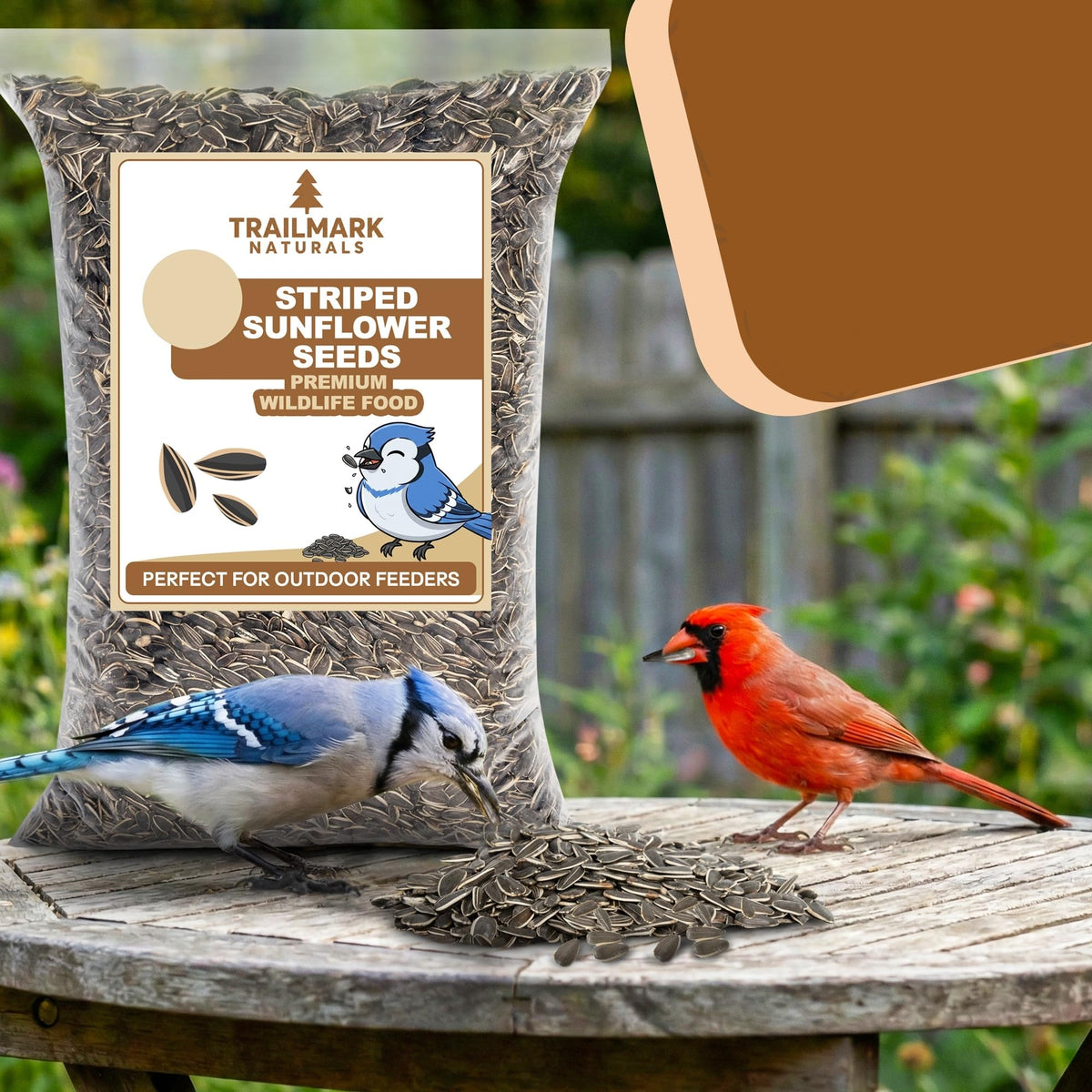 Trailmark Naturals striped sunflower seeds at feeder attracting a range of birds.