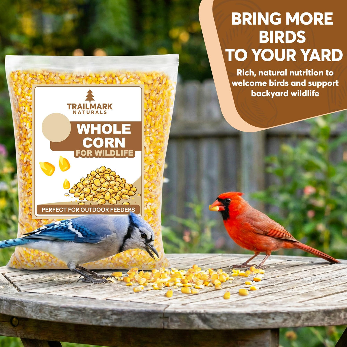Trailmark Naturals whole corn in outdoor yard feeding supports diverse wildlife.