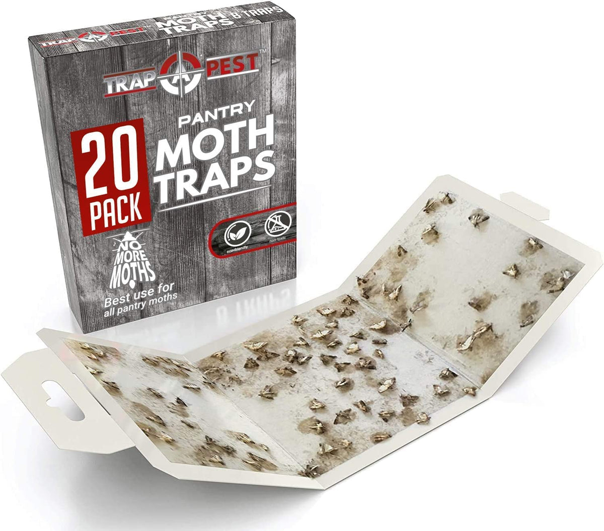 TRAP A PEST glue-adhesive trap attracts pantry moths with pheromone lure.