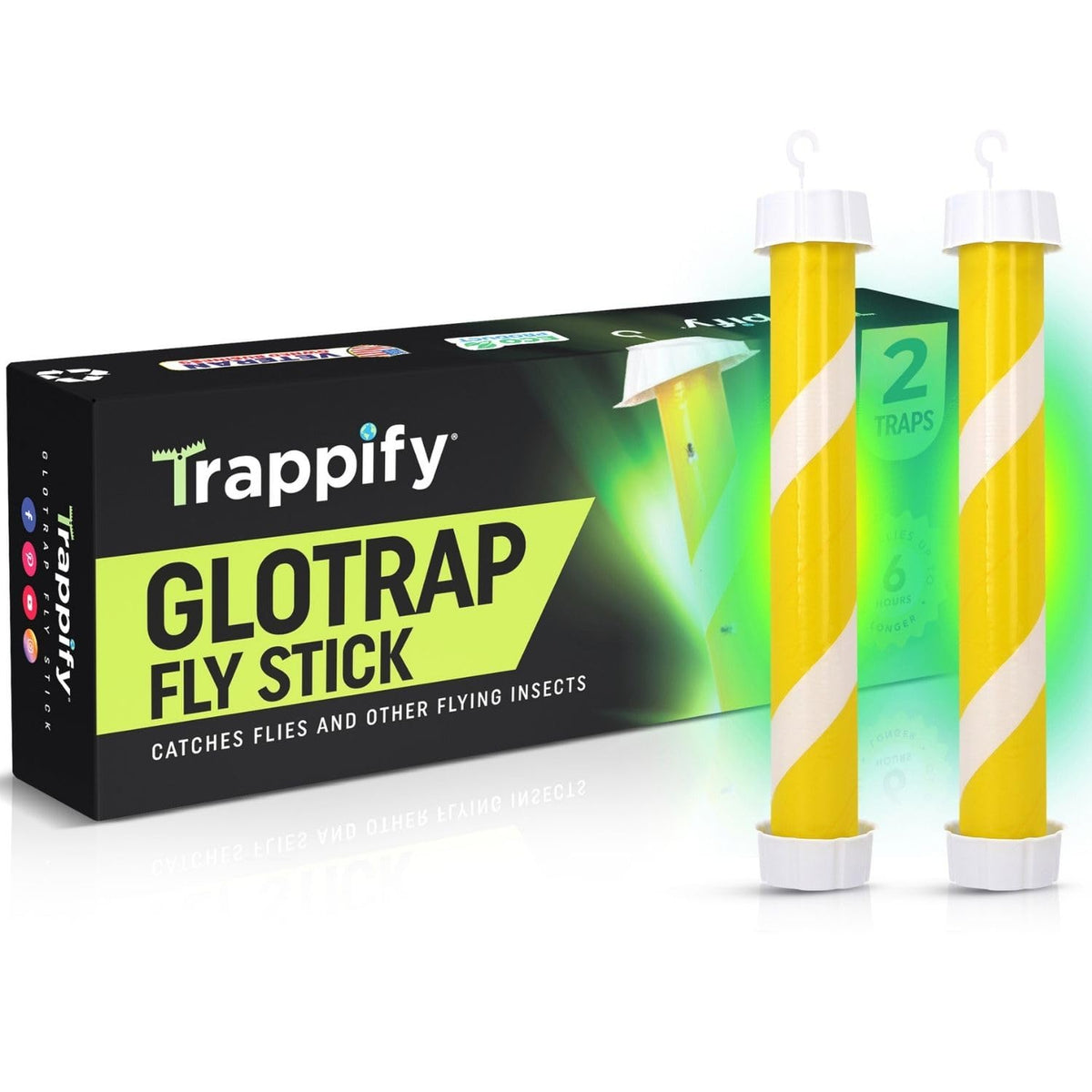 Trappify Two-Pack Glow Fly Sticks positioned for indoor and outdoor monitoring.