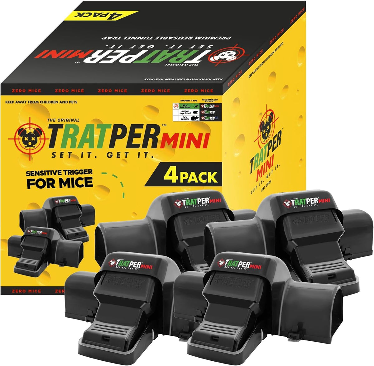 TRATPER mouse tunnel trap front view showing dual tunnel design for safe placement