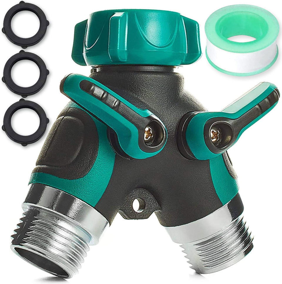 Trazon heavy-duty garden hose splitter with durable metal body for reliable dual water flow.