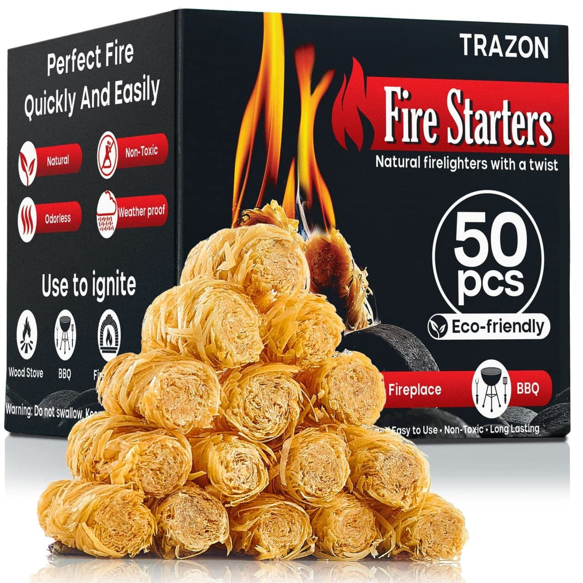 Trazon all natural wood fire starters pack of 50 pieces lights quickly for grills and campfires