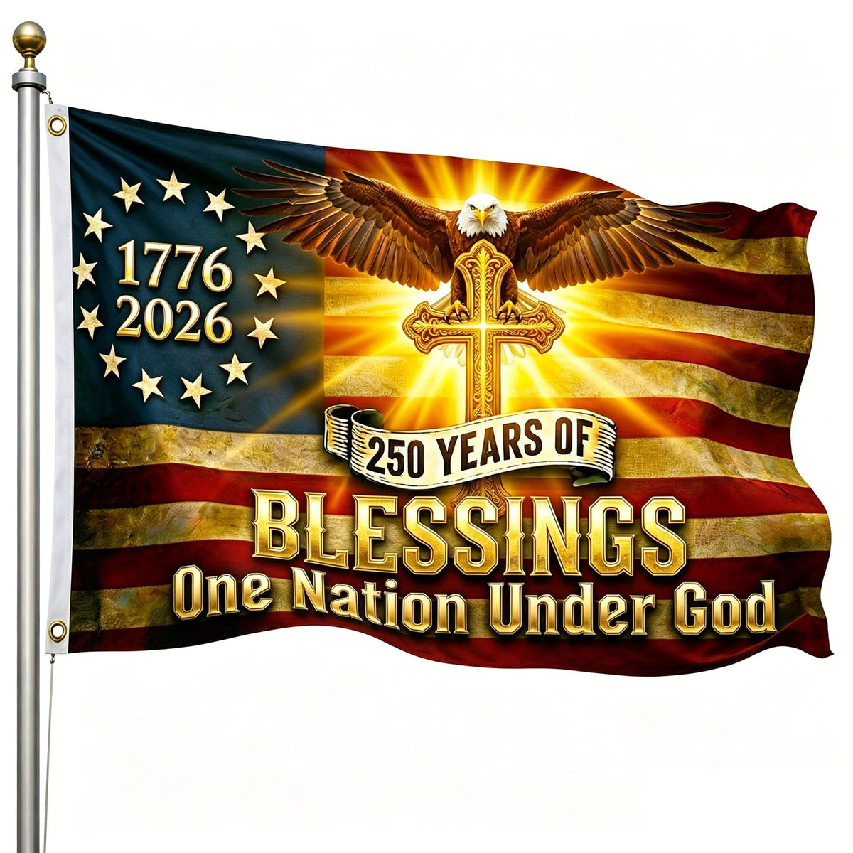Trealop 250th Anniversary flag front view highlights bold colors for outdoor displays.