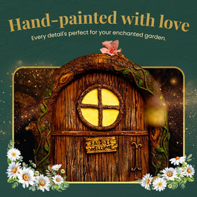 Tree Poetry fairy door glow windows illuminate nighttime garden.