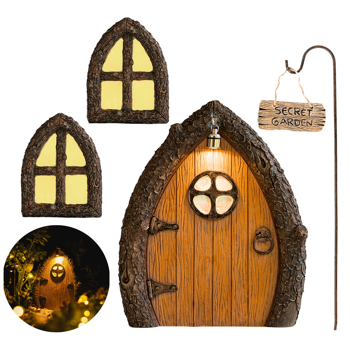 Tree Poetry glow-in-the-dark fairy door windows brighten outdoor spaces at night