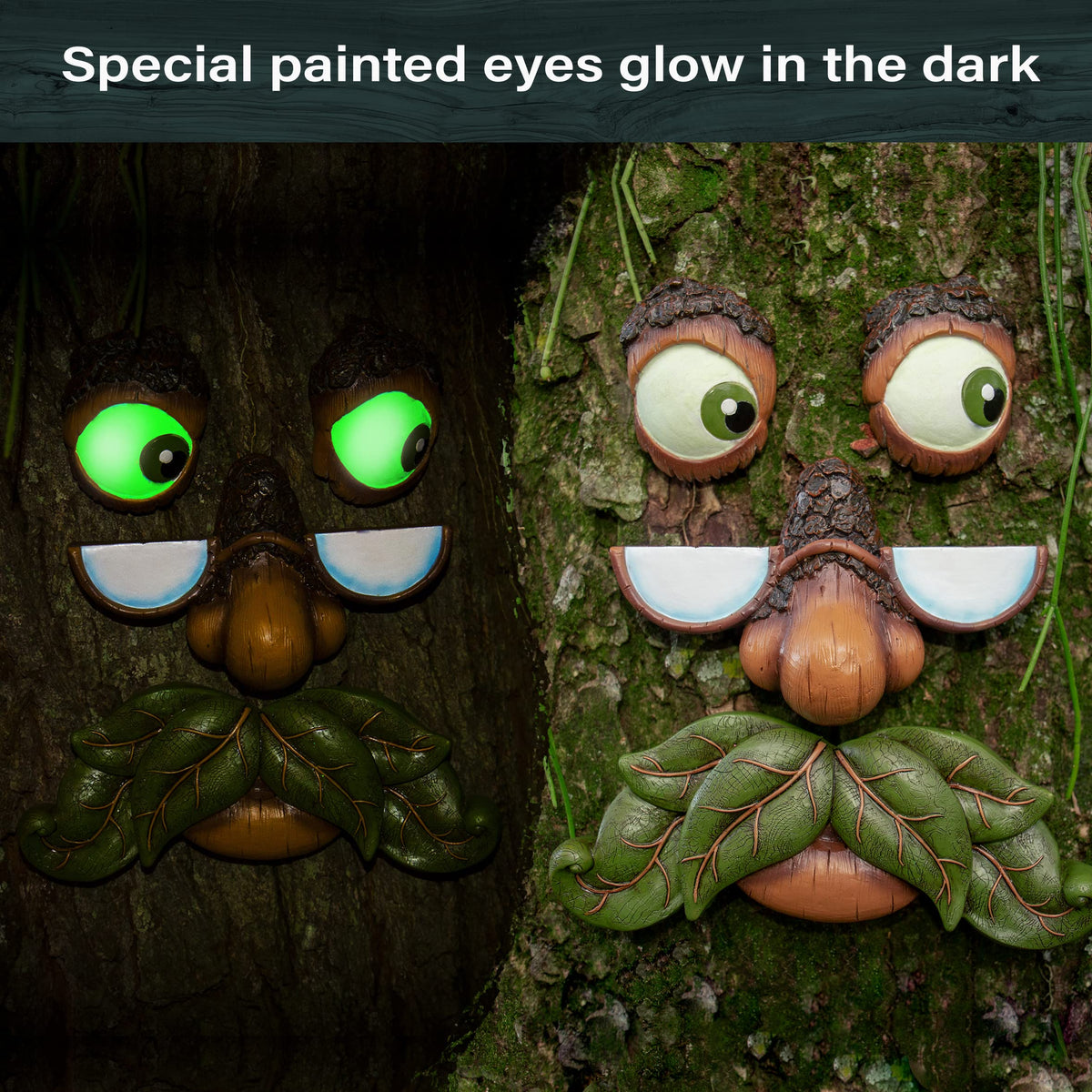 Tree Poetry glow-in-the-dark eyes brighten nighttime curb appeal.