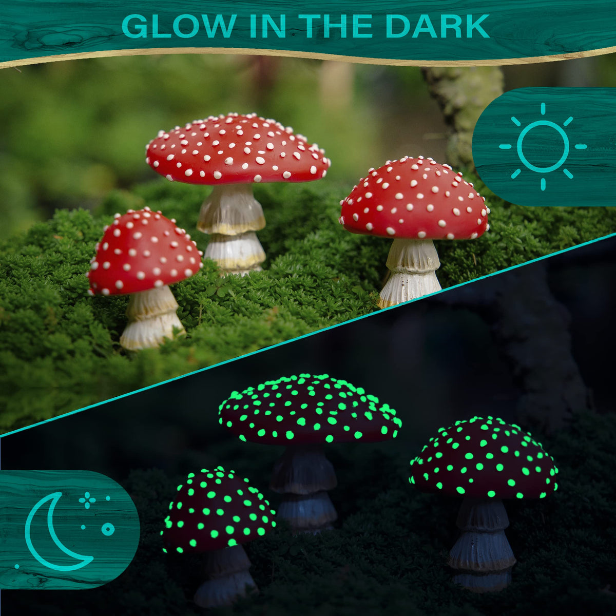 Tree Poetry glow-in-the-dark mushrooms illuminate your outdoor space after sunset.