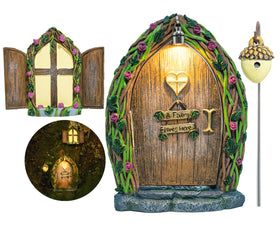 Tree Poetry opening fairy door with light enhances outdoor fairy garden ambiance