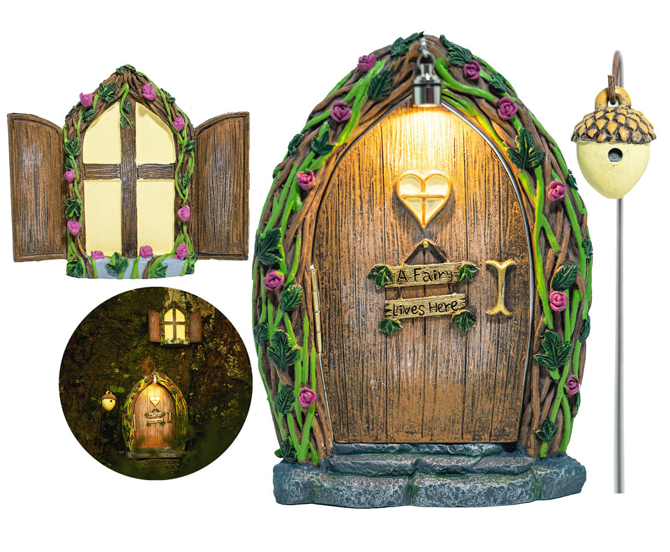 Tree Poetry opening fairy door with light enhances outdoor fairy garden ambiance