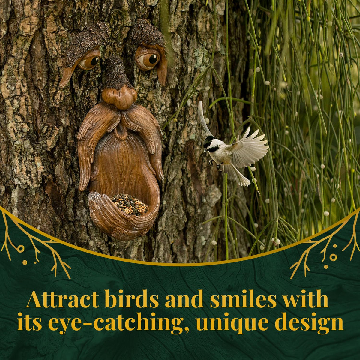 Tree Poetry polyresin tree face provides durable garden decor for all seasons.