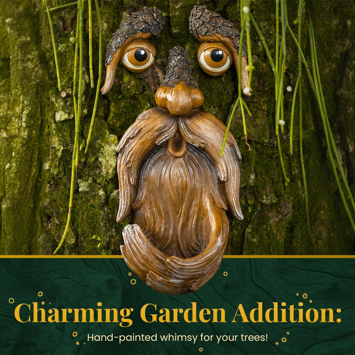 Tree Poetry tree face on trunk art enhances yards with playful personality.