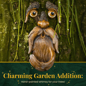 Tree Poetry tree face on trunk art enhances yards with playful personality.
