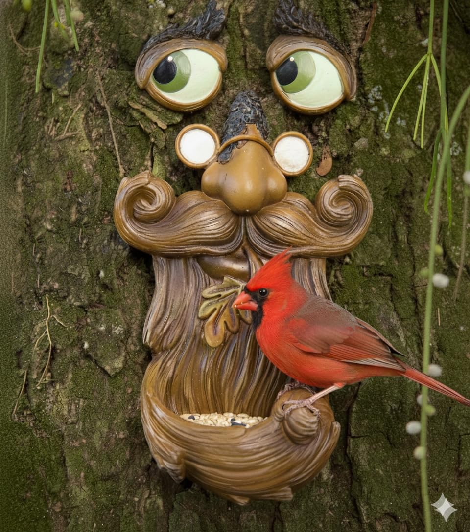 Tree Poetry tree faces decor outdoor on a trunk adds whimsy and bird-friendly charm.