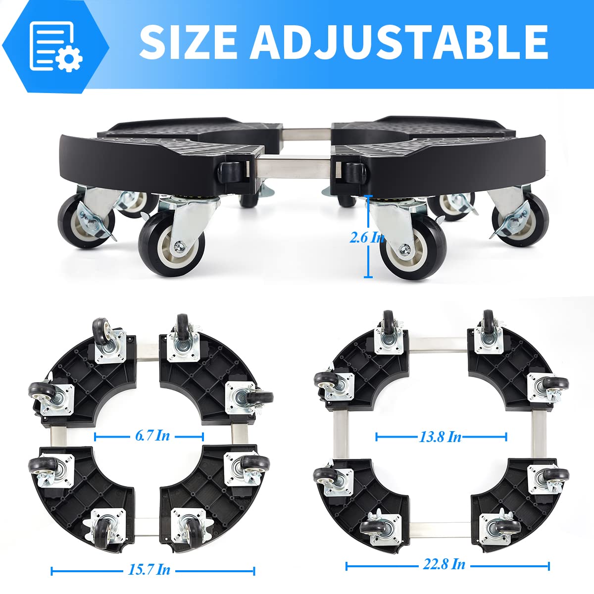 TreeGun adjustable diameter plant dolly fits 8–22 inch pots.