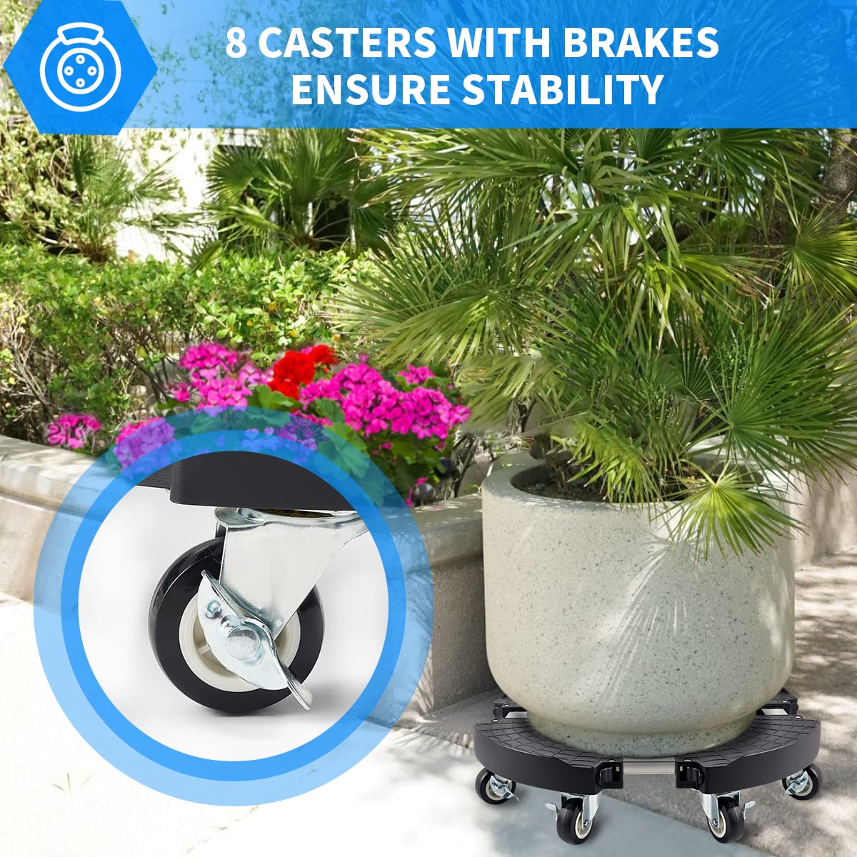 TreeGun heavy-duty caddy supports up to 500 lbs for large planters.