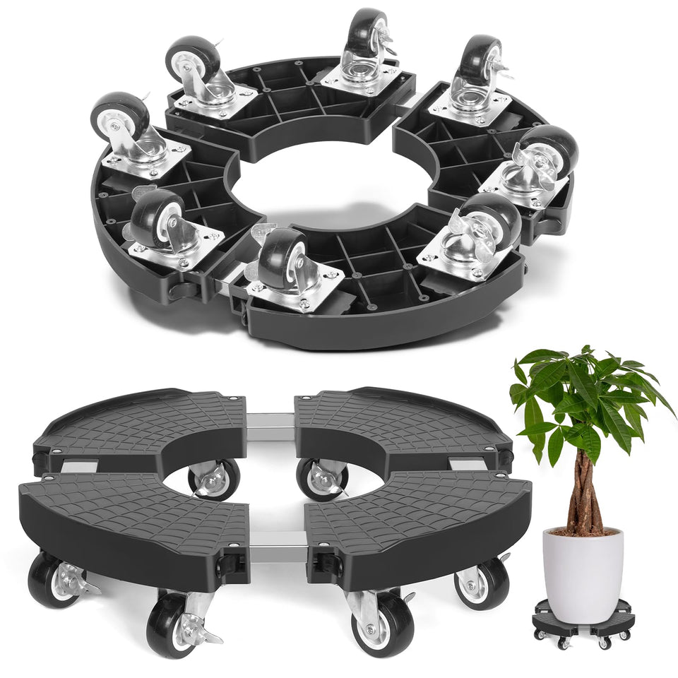 TreeGun plant caddy with eight lockable casters for easy movement of heavy pots.
