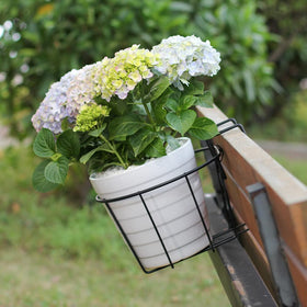 TreeLen railing planter hanging on rail for quick outdoor garden accents.