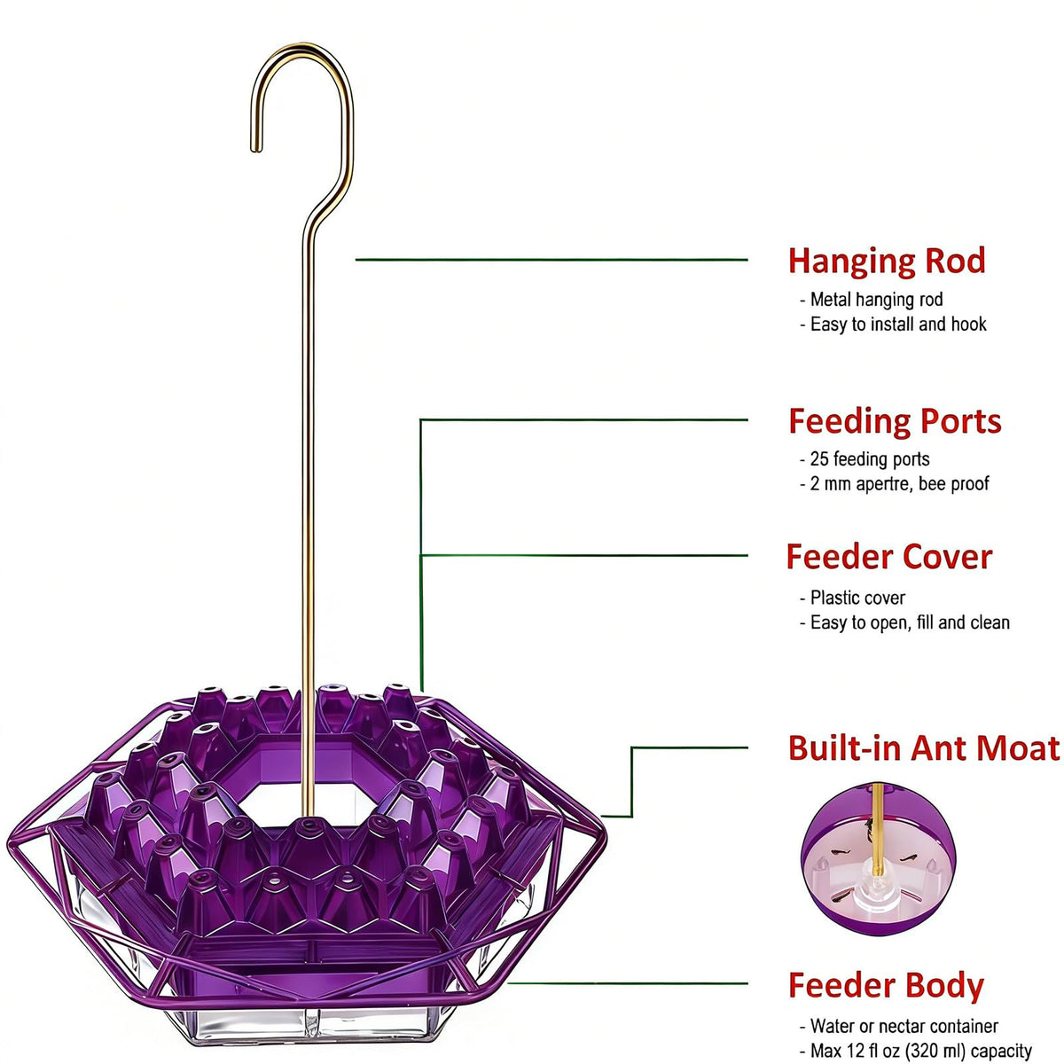 TREELYWOOD hummingbird feeder con gancho para colgar listo para instalar