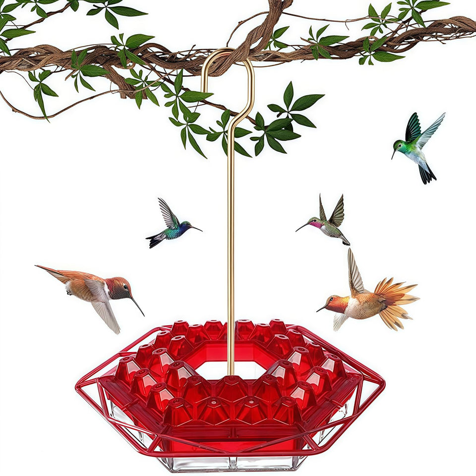 TREELYWOOD hummingbird feeder with ant-proof moat keeps nectar clean for hummingbirds.