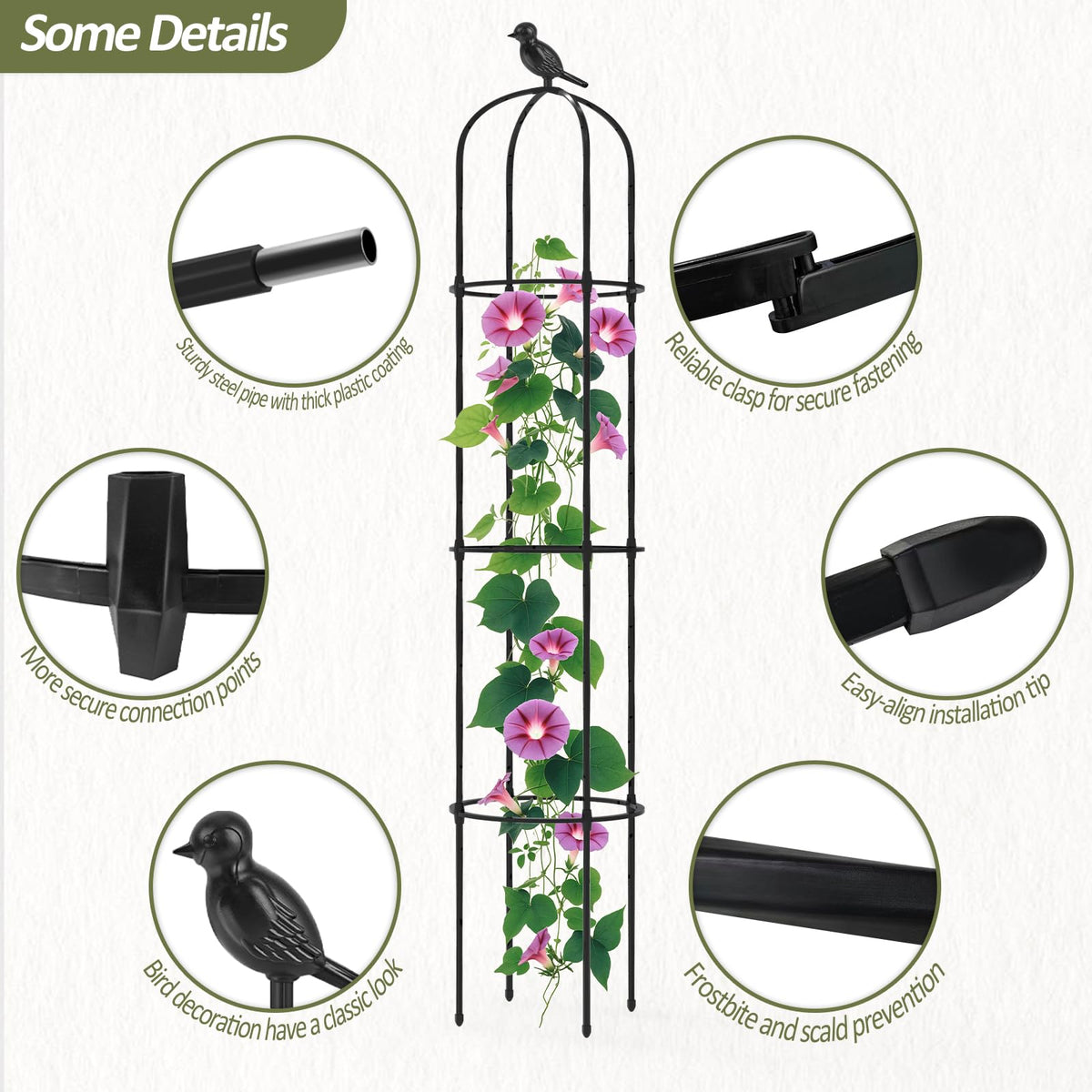 Trellume black obelisk trellis standing on a patio for outdoor display