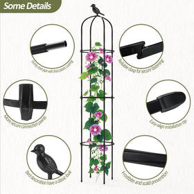 Trellume black obelisk trellis standing on a patio for outdoor display