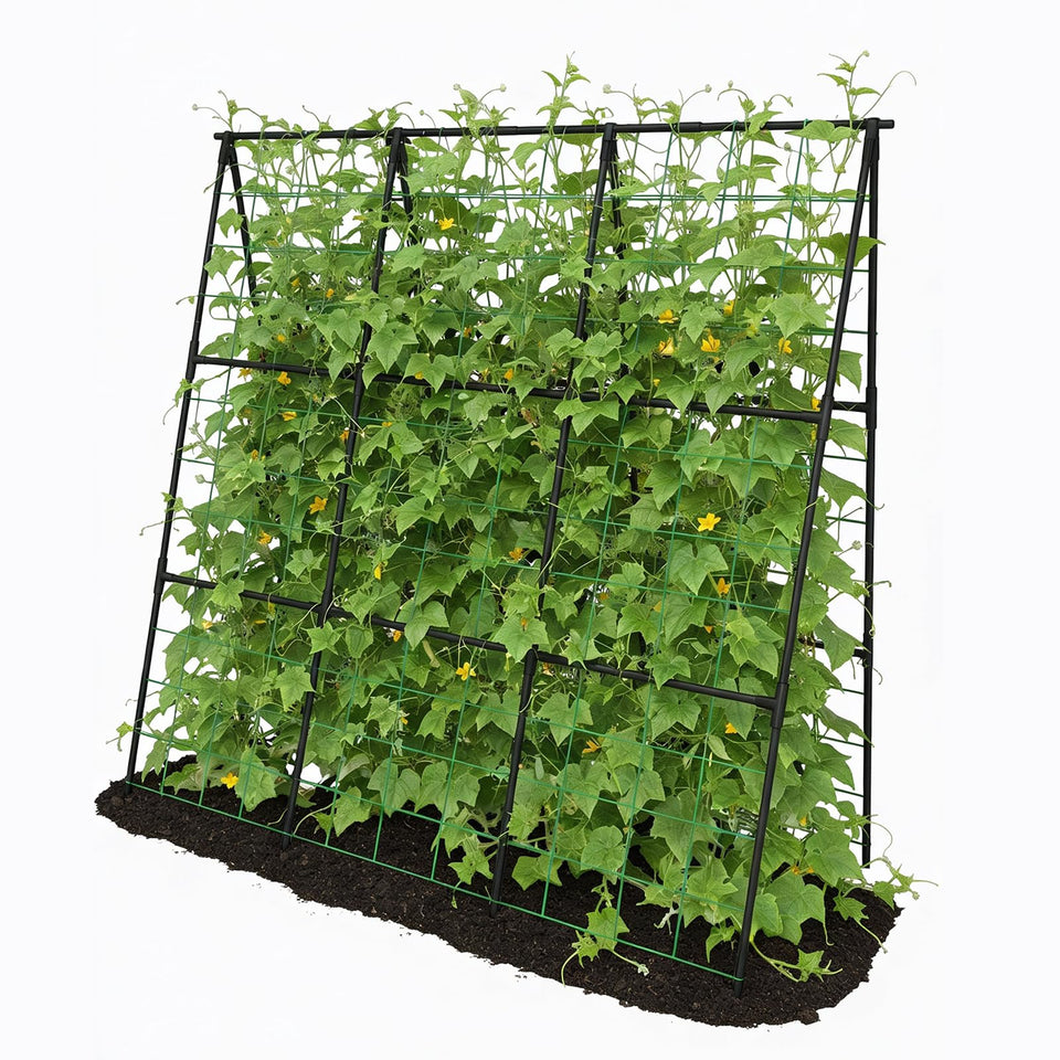 Trellume Cucumber Trellis assembly diagram for outdoor setup and space-efficient support.