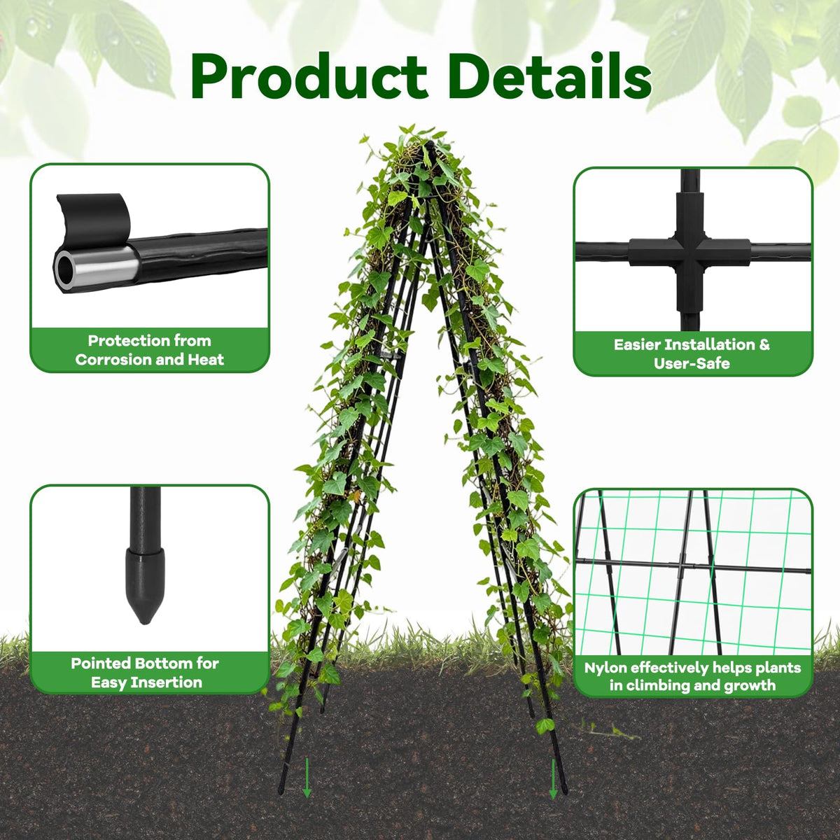 Trellume Cucumber Trellis dual-layer rust protection maintains garden durability.